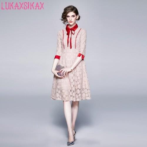 LUKAXSIKAX 2020 New Spring Autumn Women Dress High Quality Elegant Pink Floral Lace Runway Dress Vintage Dress
