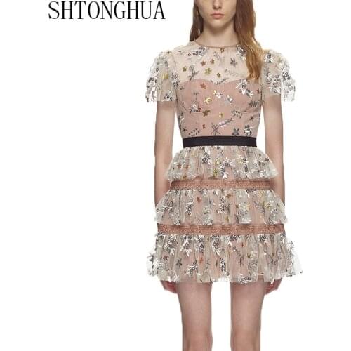 SHTONGHUA Self-Portrait Spring Dress 2019 Runway Mesh Patchwork Embroidery Floral Short Sleeve Ruffles Cake Party Mini Dress