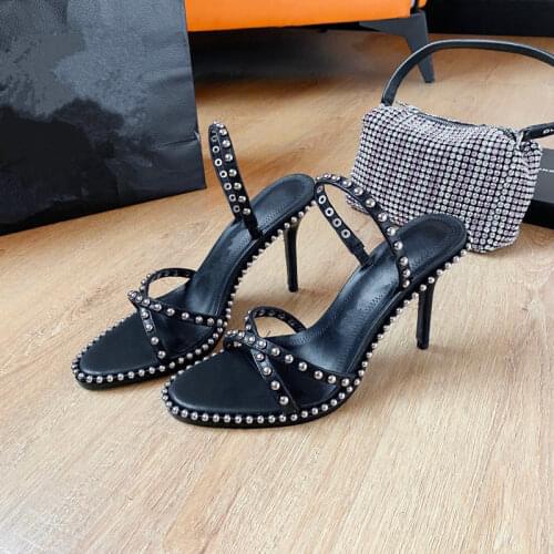 Casual Designer fashion women shoes real leather black studded spikes pvc clear high heels sandalias de las mujeres mujer 2021