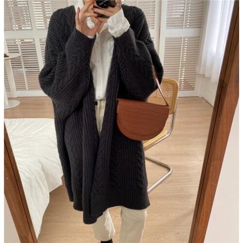 Casual Long Knitted Cardigan Women Vintage Black Loose Sweater Coat Solid Oversized Jumper Outwear Autumn Winter 2 Color