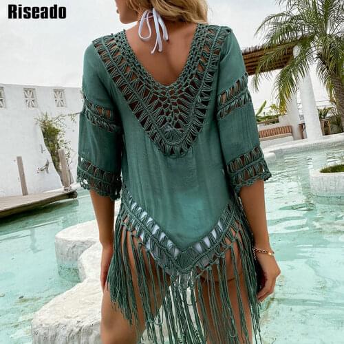 Riseado Boho Sexy Bikini Dress Knitted Womens Swimsuit 2021 V-neck Bikini Cover Up Tassel Swimwear Women Solid Dress Summer