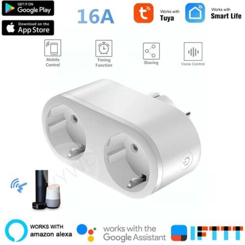 16A Smart Plug Adapter WiFi Socket EU Power Monitor Timing Function Tuya APP Wireless Remote Control for Alexa Google Assistant