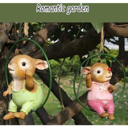 Animal Garden Statue Hanging Resin Rabbit Ornament Bunny Swinging on the Ring Cute Home Decor objetos decorativos para a casa