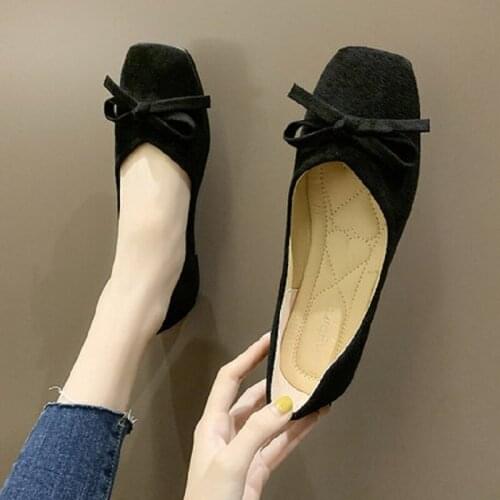 Single shoes womens flat bottom 2020 autumn womens beanie square toe retro womens shoes shallow mouth bow grandma shoes