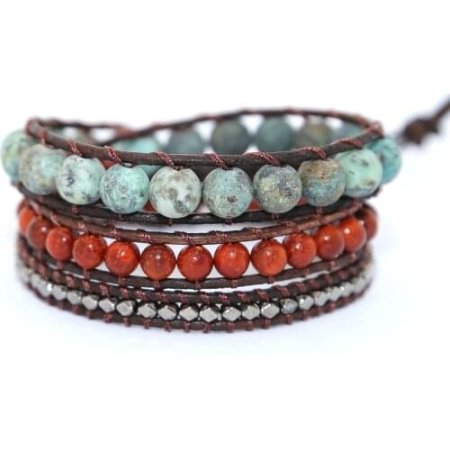 Vintage Leather Bracelets natural Stone 3 Strands Wrap Bracelets for men and Women Multilayer Boho Bracelet Handmade Jewelry