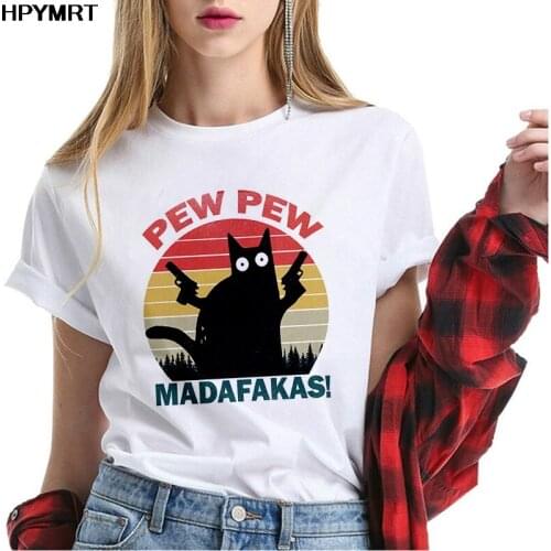 Murderous Black Cat With Gun Funny Loose T Shirt Pew Pew Madafakas Print T-shirt Women Short Sleeve Tops Female Tshirt Clothing
