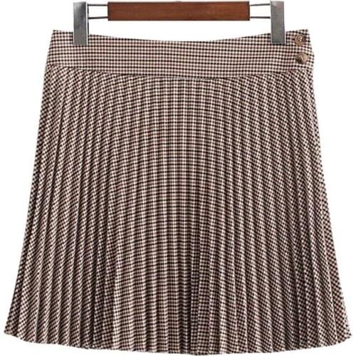 2021 Spring Autumn Retro Houndstooth Pleated Mini Skirt Button Decoration Old-fashioned High Waist Female Skirt Urban Beauty OL