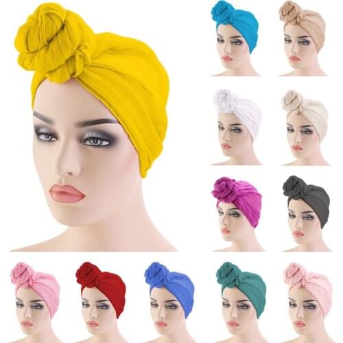 Women Knot Bonnet Chemo Hair Loss Cap Muslim Hijab Long Turban Hats Head Scarf Wrap Islamic Arab Scarf Knot Solid Color 180*70cm
