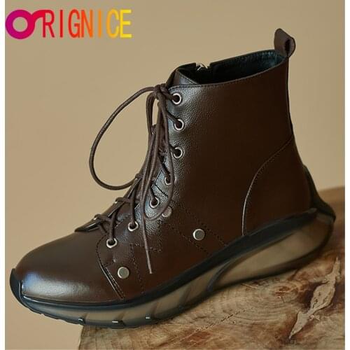 Orignice New Women Lace Up Thick Bottom Sports Ankle Boots Comfy Round Toe Zipper Casual Sneakers Preppy Style Shoes Black Brown