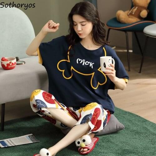 Women Printed Pajama Sets O-neck Short Sleeve Tops Mid-calf Pants Comfort Hipster Students 2021 Newest Females Lounge Home Chic