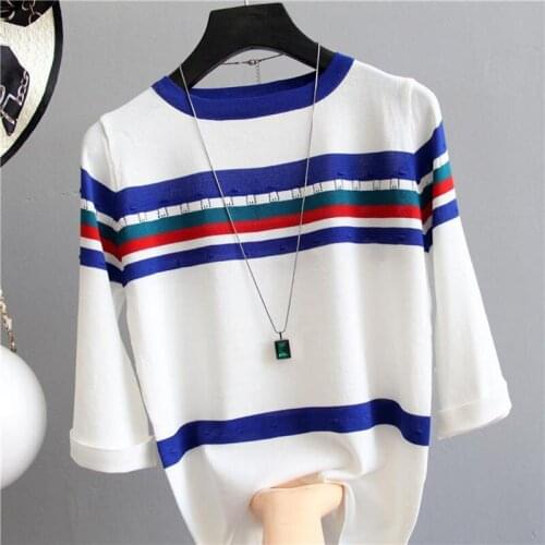 Women Spring Summer Style Knitted Sweater Pullovers Lady Casual Striped Printed O-Neck Half Sleeve Pullovers Tops ZZ0002