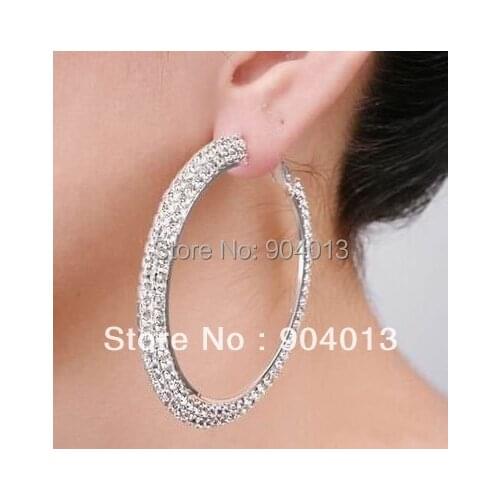 1pcs 40mm New Crystal Rhinestone Hoop Earrings Silver Double Rows Layer Hoop Earrings Wholesale Jewellery Free Shipping