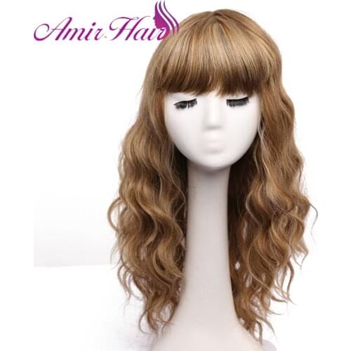 Long Deep Wavy Synthetic Wigs With Bangs Mix Blonde Hair For Women Heat Resistant Cosplay Party Wig