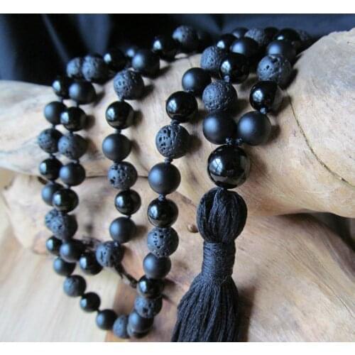 Black Onyx and Lava Mala Beads, 108 Bead Mala, Tassel Necklace, Yoga Jewelry