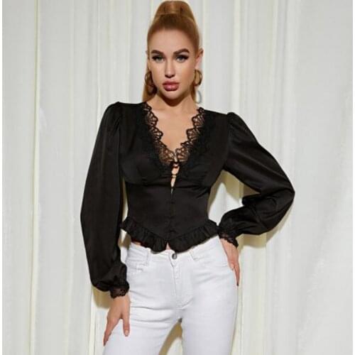 Cultiseed Women Sexy Lace Patchwork V Neck Strapless Single Breasted Slim Waist Satin Shirts Tops Female Elegant Party Blouses