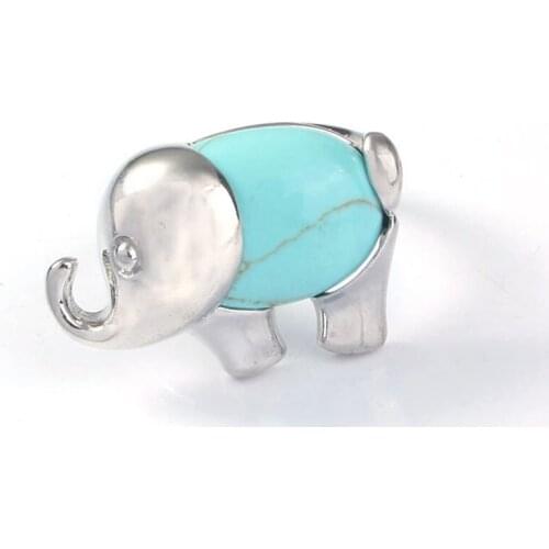 FYSL Silver Plated Elephant Shape Green Turquoises Stone Resizable Finger Ring Lapis Lazuli Animal Jewelry