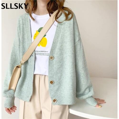 Sllsky Knitted Cardigan Women Large V-neck Womens Sweater Korean 2020 Autumn Winter New Chic Single breasted Solid Outerwear