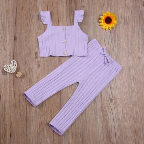 Girls Two Piece Set Summer 2021, Childrens Ribbed Knit Vest Solid Color Flying Sleeve Tops Elastic Waistband Trousers