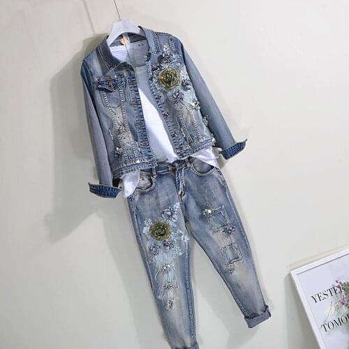 Two Piece Set Spring and Autumn Beads Sequin with Holes Jeans + Tops Jacket Coat Two-Piece Set Womens Jeans Sets Pants Set