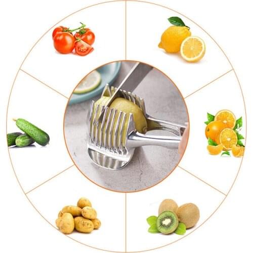 Kitchen Gadgets Handy Stainless Steel Onn Holder Potato Tomato Slicer Vegetable Fruit Cutter Safety Cooking Tools Accessories