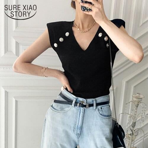 2021 Summer New Button Tops for Women Camis Ladies Sexy Tops V-Neck Sleeveless Solid Chic Style of South Korea 14704
