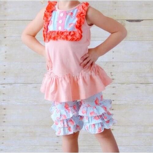 2018 Hot sale flamingo print summer boutique outfit pink bib tank top with flamingo ruffle shorts set girl cotton clothing set