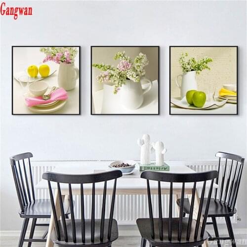 Modular Picture 5D Diamond Embroidery Fruit Flowers Vase tableware diamond painting Nordic Style 3 pcs Kitchen Decor mosaic art