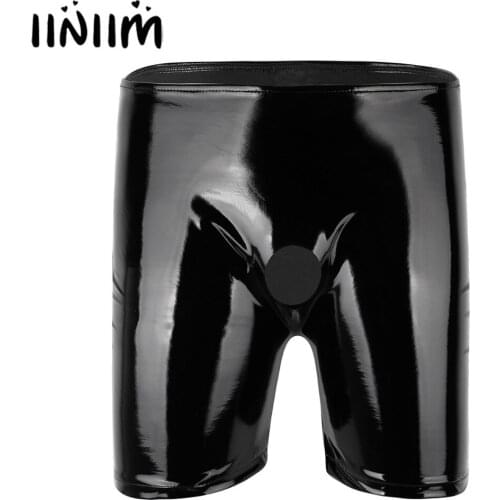 Iiniim Mens Special Boxer Shorts Sexy Gay Hole Sissy Underwear Shiny Patent Leather Open Penis Hole Long Leg Short Panties