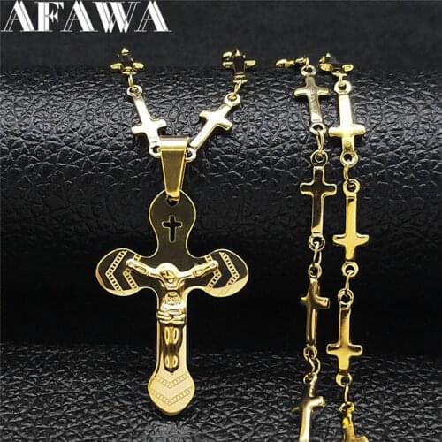 Stainless Steel Small Catholicism Cross Necklace Women/Men Gold Color Jesus Chain Necklaces Jewery chapelet catholique NXS02