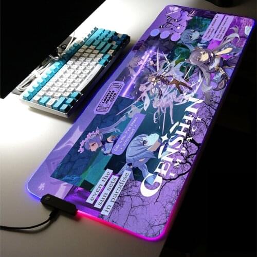 Drop Shipping RGB LED Light Gaming Accessories Genshin Impact Cute Mouse Pad XXL Large Keyboard Non-Slip Game Desk Mat for LOL