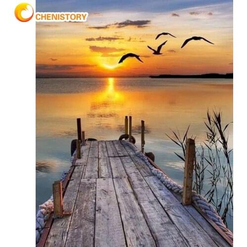 CHENISTORY 60x75cm Frame Diy Painting By Numbers Kits For Adults Modern Bridge Sunset Modern Canvas By Numbers Diy Gift Artwork