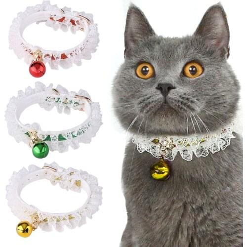 Christmas Pet Collar Cute Lace Trim Bell Decor Adjustable Dog Collar Cat Collar Necklace Scarf Bib for Party Wedding Accessories