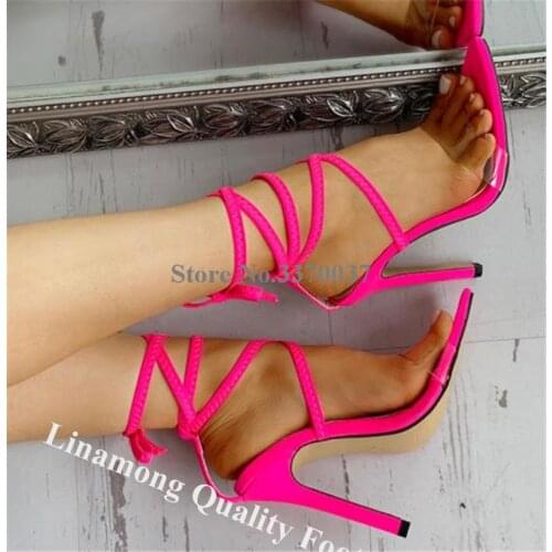 Linamong Sexy Pointed Open Toe PVC Straps Cross Stiletto Heel Gladaitor Sandals Rose Red High Heel Sandals Club Shoes