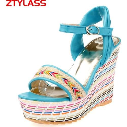 2021 Summer Women Shoes Mixed Colors Hemp Rope Woven Sandals Fashion Wedges High Heel Sandals White Black Blue