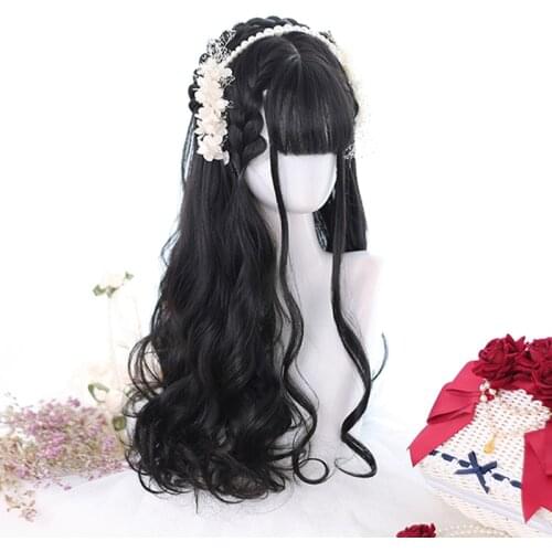 LM wig female air bangs black long curly hair daily big wave Lolita anime party heat-resistant wig