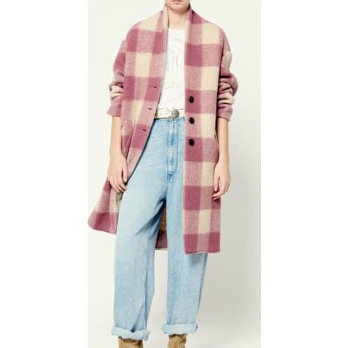 Woman Mulberry Checked Wool Blend Coat Single Breasted Sides Pockets Drop Shoulder Long Sleeves Outwear