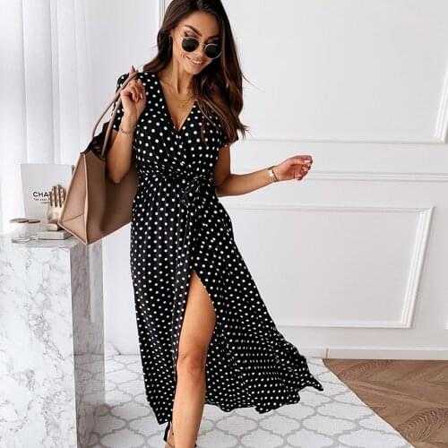 Women Sexy V Neck Belted Polka Dot Wrap Midi Dress Short Sleeve A-Line 2021 Summer High Split Bohemian Beach Long Dress Vestidos