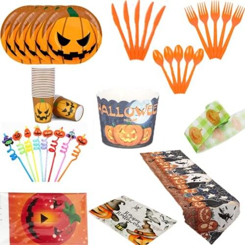 112Pcs Halloween Party Pumpkin Theme Tablecloth Knife Spoon Paper Tray Cup Cakecup Straw Disposable Tableware Party Essentials