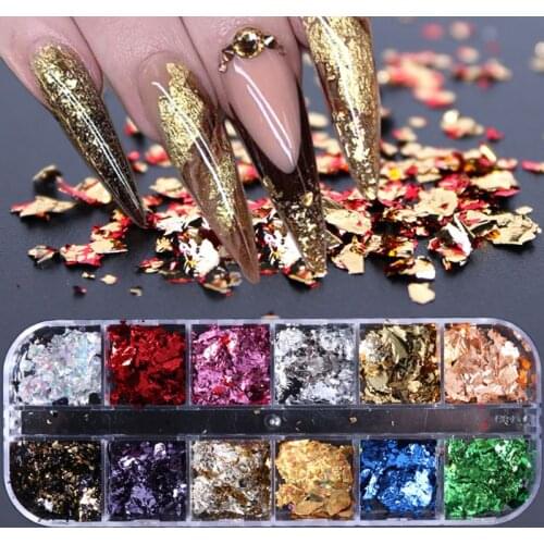 12 Girds/Set Nail Art Color Glitter Paper Sheet Flake Irregular Rainbow Foil Paillette Chip DIY Decoration Sticker Manicure Tool