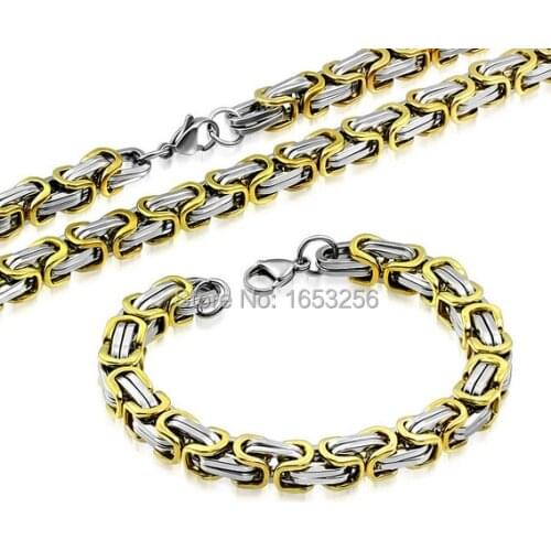5 set Lot Wholesale 8.2mm wide 316L stainless steel Gold Byzantine Chain necklace and bracelet Men Jewelry Set