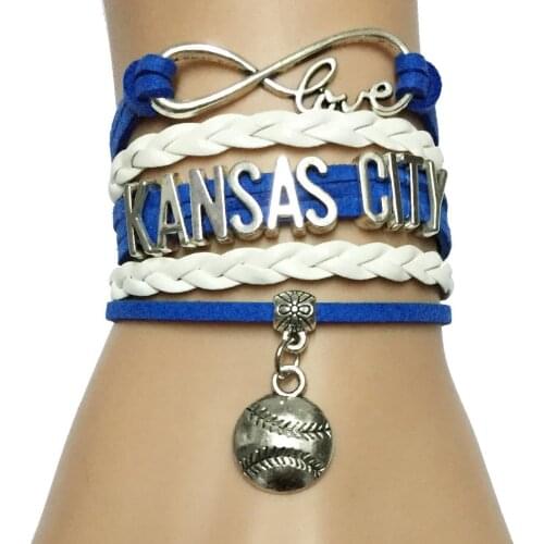 Infinity Love Kansas City Velvet Leather Braid Baseball Bracelet- Blue with White Sports Gift