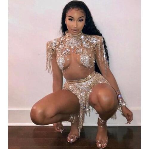 Shining Big Crystals Mesh Sexy Bodysuit Sparkly Rhinestones Chains Fringes Outfit Nightclub Party Wear See Through Costume