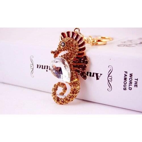 10pcs/lot creative style woman man rhinestone seahorse keychain unisex animal seahorse key ring