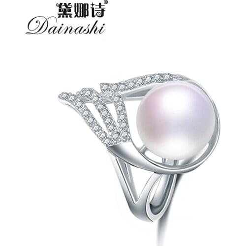 Dainashi Gorgeous Fashion 100% Genuine Freshwater Cultured Pearl Ring 925 Sterling Silver Angel Zircon Crystal Adjustable Ring