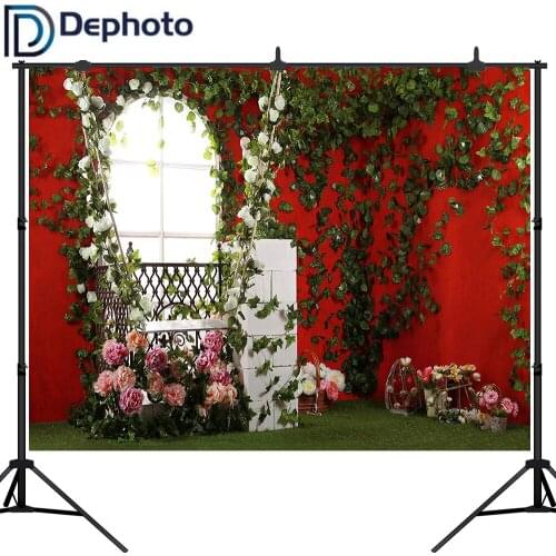 Dephoto Photography backdrops Red wall Green Leaves flowers Wedding Party Portrait Spring Photo Background Photocall studio prop