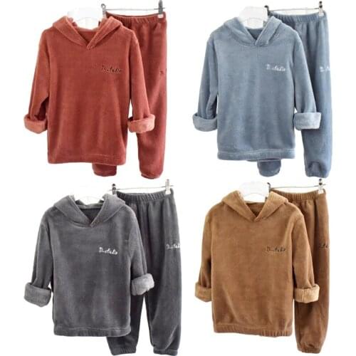 Children Flannel Hooded Warm sleepwear sets boys girls Autumn And Winter Baby Home Clothes Pajamas thickened 2pcs tops+pants3-8Y