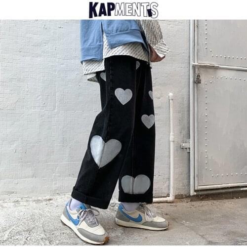KAPMENTS Men Heart Printed Korean Fashions Cargo Jeans 2021 Spring Mens Vintage Streetwear Denim Harem Pants Casual Joggers 5XL