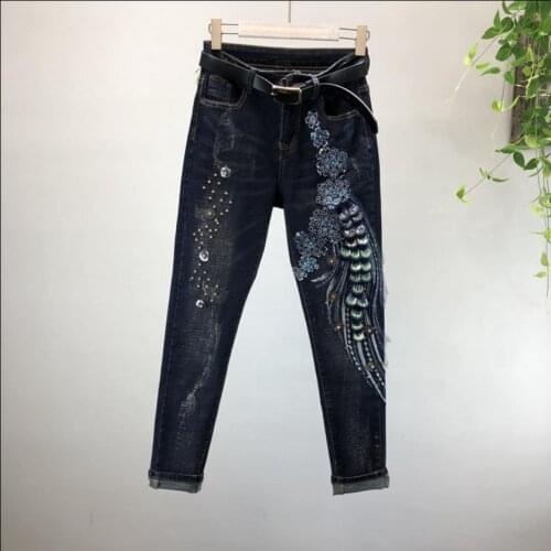 Wholesale appliques with diamond rivet beading embroidery denim jeans female fashion sequins beading jeans wq1749 factory