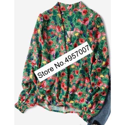 Elfbop Ladies Floral Printing Wrap V Neck Blouse Shirt Top