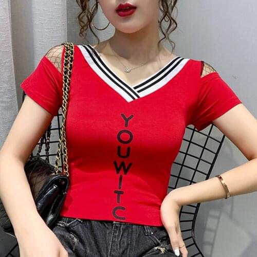 Funny Letter Print Off Shoulder T-shirts Women White Casual V-neck Cotton Tee Shirts Female Summer Tumblr Mesh Top 2020 Harajuku